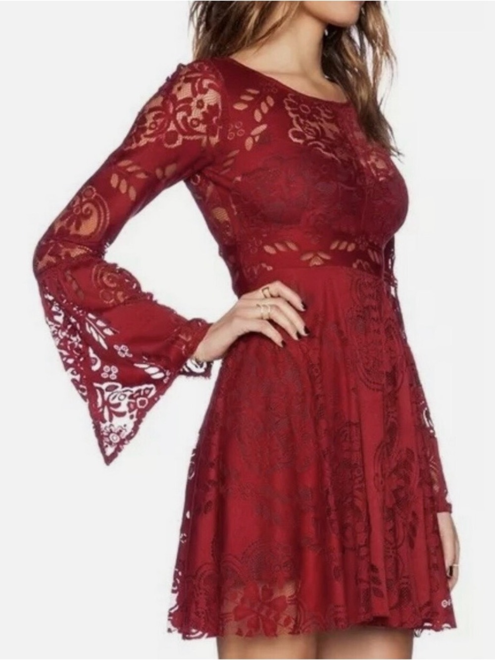 FREE PEOPLE Bell Sleeve Lace Cutout Back Mini Dress Burgundy NWOT Sz 8 Romantic